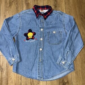Vintage Kids Looney Tunes denim‎ Tweety Brd shirt size 10 plaid collar